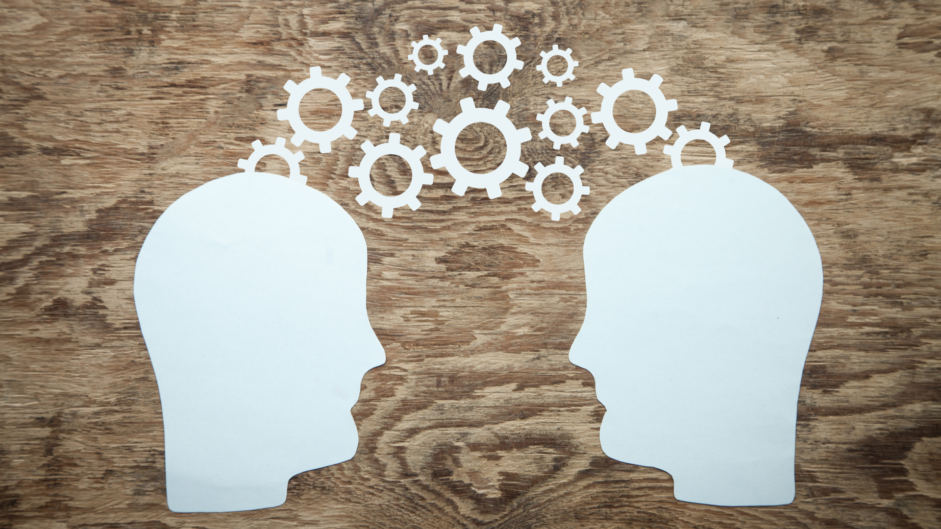 wooden background with 2 white head shapes and white gears going from one head to the other and vice versa