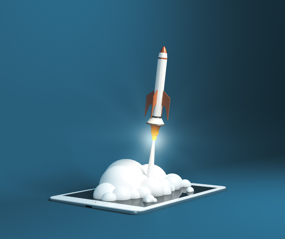 a white and orange rocket taking off a tablet on a green background