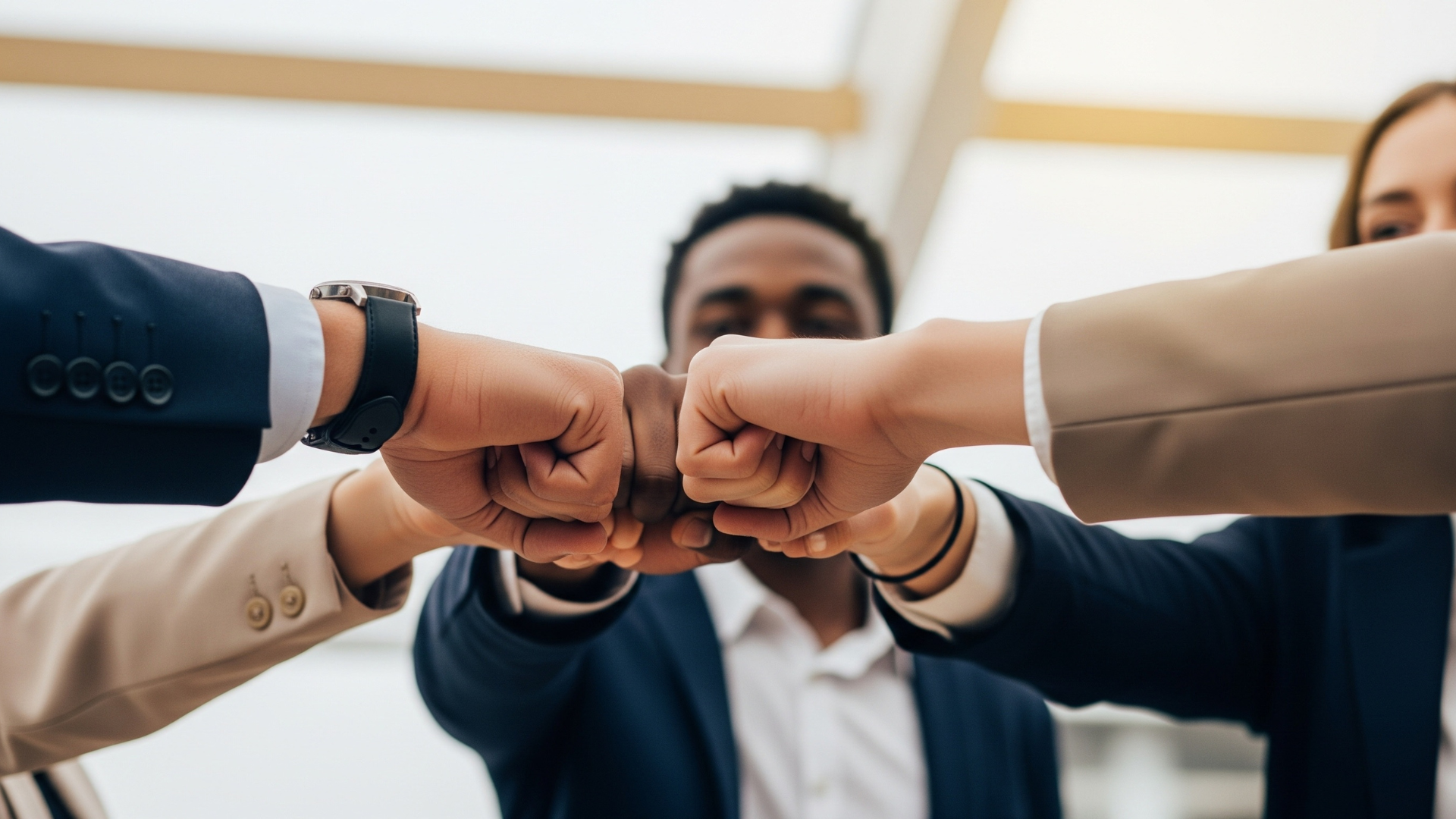 several persons doing fist bump in a circle with blurry faces of a man and a woman