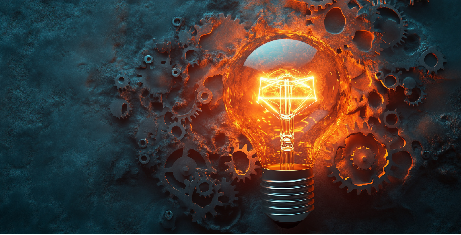 a lighted bulb on a metal surface with several gears